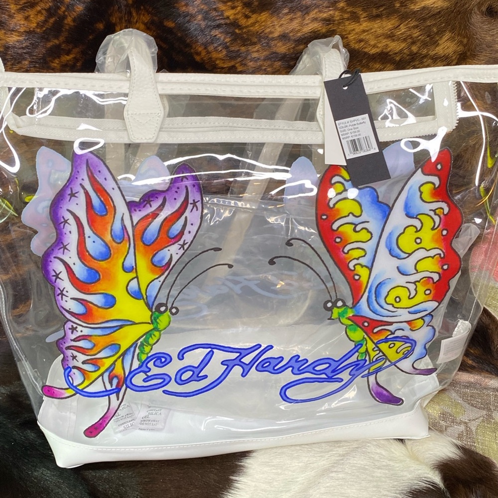Ed Hardy Vegan Tote Large Tote Purple Butterfly NWT Retail $159.00